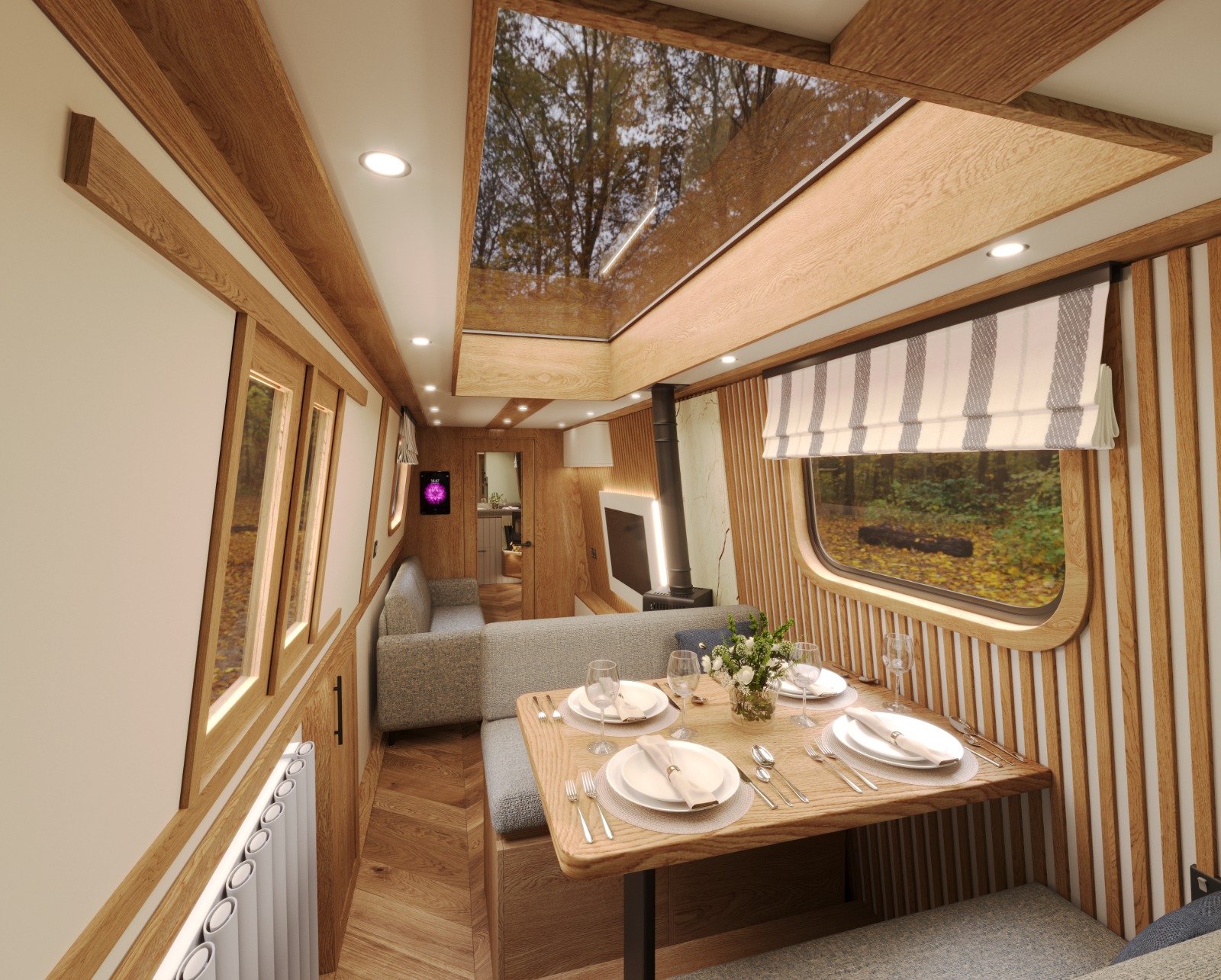Contemporary Oakums narrowboat living space