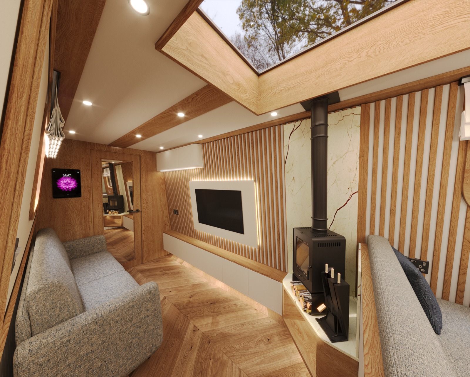 Oakums Closed Bow saloon with rooflight and full height windows